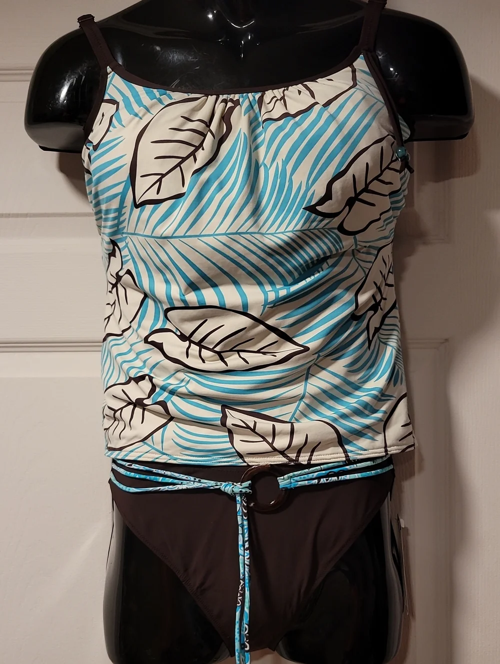Fantasie Blue White Brown Tropical Leaf Tankini Top